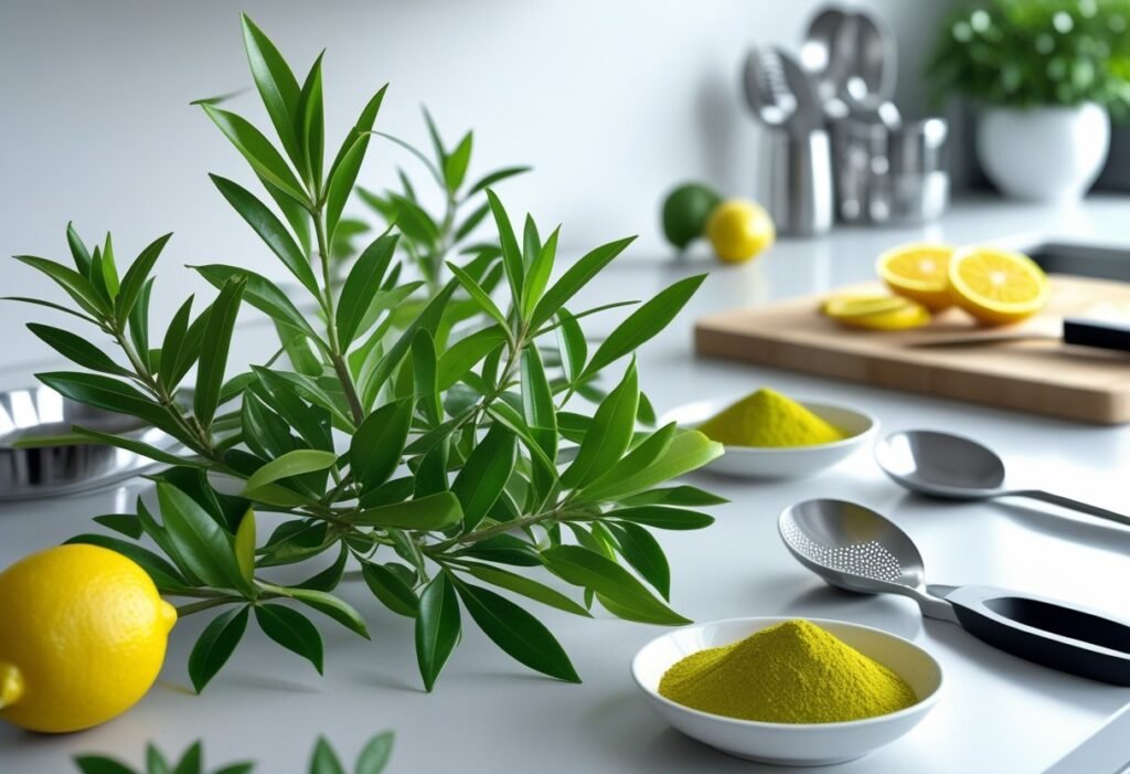 Lemon myrtle branch, and powdered leaves for tea