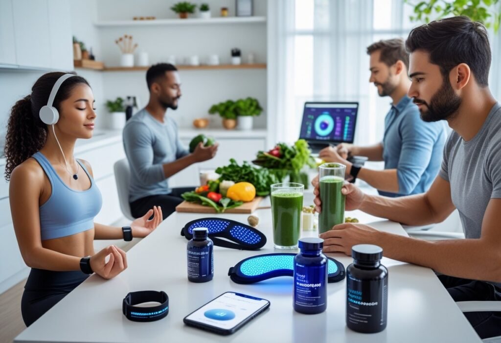 Group of young adults using wellness technology, drinking green smoothies, meditating, and prepping vegetables in a modern health-focused kitchen.