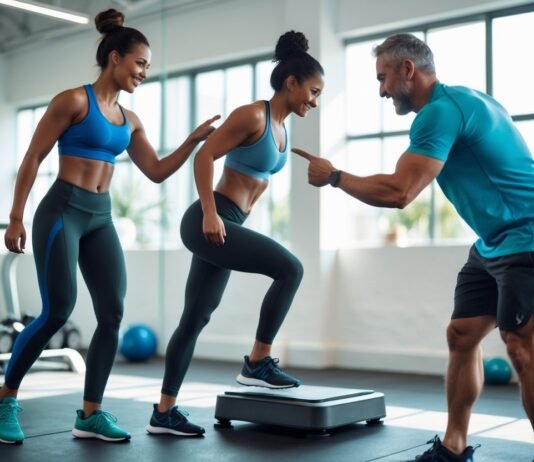 How to Break Through a Weight Loss Plateau Three adults in a gym working together with one woman stepping on a scale and a trainer showing progress on a tablet.