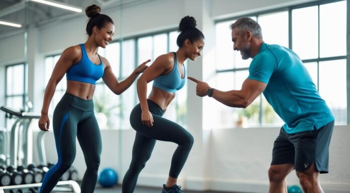 How to Break Through a Weight Loss Plateau Three adults in a gym working together with one woman stepping on a scale and a trainer showing progress on a tablet.