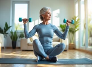 Get Strong After 50: The Best At-Home Exercises for Women A woman over 50 exercising with light dumbbells in a bright living room.