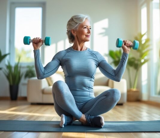 Get Strong After 50: The Best At-Home Exercises for Women A woman over 50 exercising with light dumbbells in a bright living room.