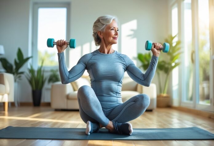 v2-vhci3-np1nd A woman over 50 exercising with light dumbbells in a bright living room.