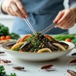 The Truth About Eating Insects and Their Surprising Health Benefits A plate of edible insects arranged with fresh vegetables on a kitchen counter, with a hand holding chopsticks reaching to pick up an insect.