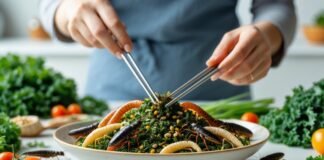 A plate of edible insects arranged with fresh vegetables on a kitchen counter, with a hand holding chopsticks reaching to pick up an insect.