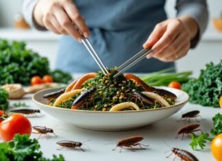 The Truth About Eating Insects and Their Surprising Health Benefits A plate of edible insects arranged with fresh vegetables on a kitchen counter, with a hand holding chopsticks reaching to pick up an insect.