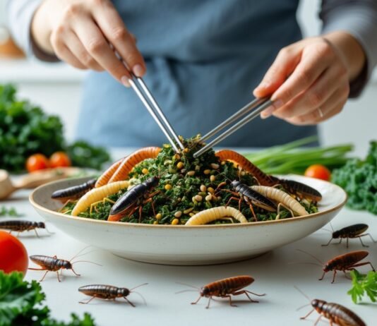 The Truth About Eating Insects and Their Surprising Health Benefits A plate of edible insects arranged with fresh vegetables on a kitchen counter, with a hand holding chopsticks reaching to pick up an insect.