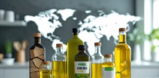 The Truth About Seed Oils: Why They’re Getting Banned Worldwide Close-up of seed oil bottles and scattered seeds on a kitchen countertop with a blurred world map in the background.