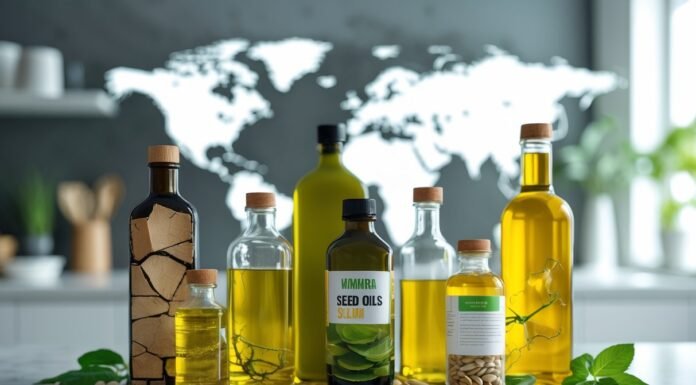 The Truth About Seed Oils: Why They’re Getting Banned Worldwide Close-up of seed oil bottles and scattered seeds on a kitchen countertop with a blurred world map in the background.