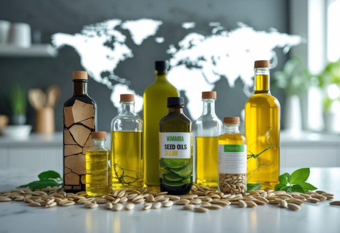 Close-up of seed oil bottles and scattered seeds on a kitchen countertop with a blurred world map in the background.