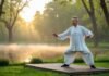 Morning Tai Chi Is the Secret to Better Focus and Brain Health A middle-aged man practicing Tai Chi on a wooden platform in a peaceful park during early morning with soft sunlight and greenery around.