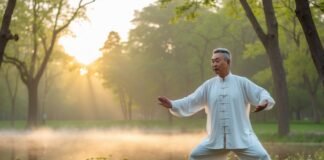 A middle-aged man practicing Tai Chi on a wooden platform in a peaceful park during early morning with soft sunlight and greenery around.