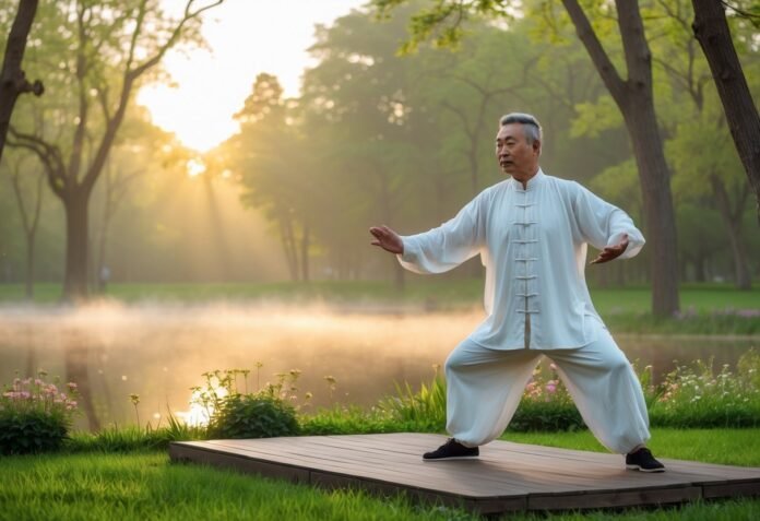 A middle-aged man practicing Tai Chi on a wooden platform in a peaceful park during early morning with soft sunlight and greenery around.