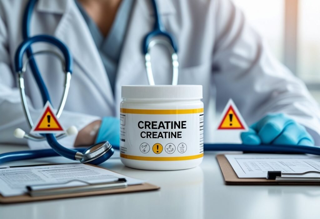 "Creatine supplement container with warning signs and a doctor or scientist in a lab coat, highlighting potential health risks and the importance of medical supervision when using creatine."