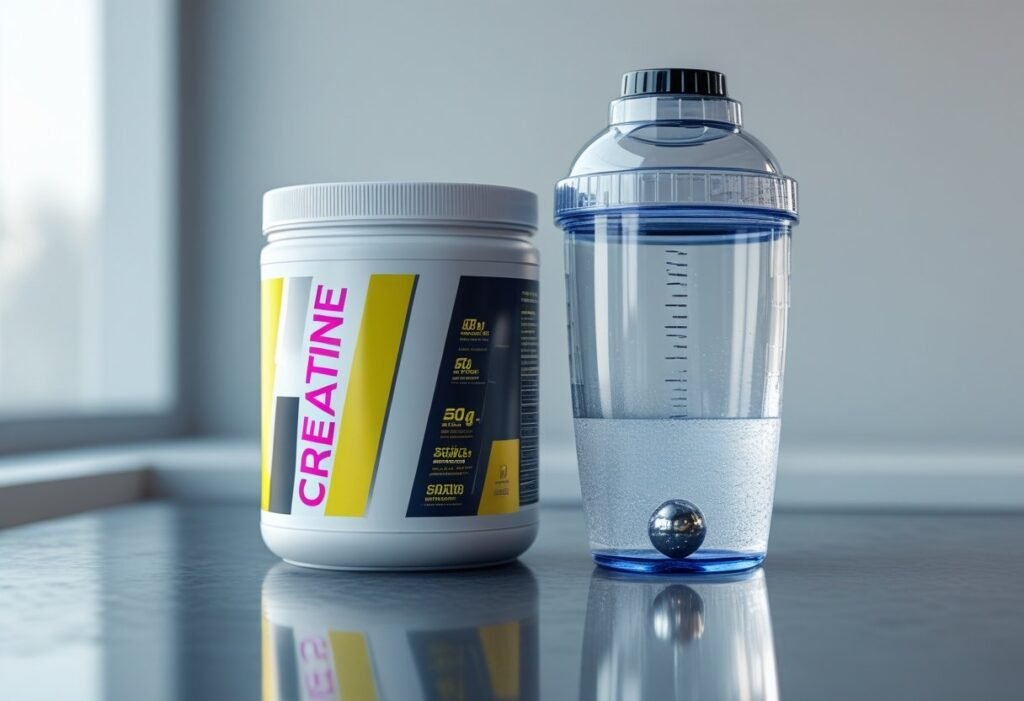 "Creatine supplement container and a clear shaker bottle with water and a mixing ball on a table, illustrating supplement preparation for fitness and bodybuilding."