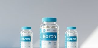Why You Need Boron: The Mineral That Does It All "Boron supplement bottles with white tablets and blue capsules displayed on a white surface, highlighting health and dietary benefits of Boron."