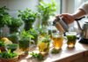 Make These Herbal Drinks at Home for a Better Mood A kitchen countertop with fresh herbs and steaming herbal drinks being prepared.