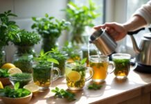 Make These Herbal Drinks at Home for a Better Mood A kitchen countertop with fresh herbs and steaming herbal drinks being prepared.