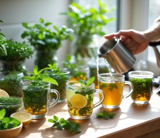 Make These Herbal Drinks at Home for a Better Mood A kitchen countertop with fresh herbs and steaming herbal drinks being prepared.