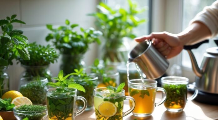 Make These Herbal Drinks at Home for a Better Mood A kitchen countertop with fresh herbs and steaming herbal drinks being prepared.