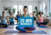 20-Minute Home Workouts That Actually Burn Fat Group of diverse people in a bright, modern fitness studio holding a '20 Min Workout' sign, smiling and engaging in a yoga or fitness session.