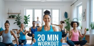 20-Minute Home Workouts That Actually Burn Fat Group of diverse people in a bright, modern fitness studio holding a '20 Min Workout' sign, smiling and engaging in a yoga or fitness session.
