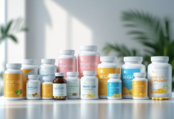 v2-vkj95-myzxy Various weight loss supplement bottles with different labels and colors displayed on a bright white surface, highlighting dietary supplement options for weight management.