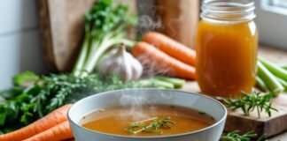 Bone Broth Benefits for Health, Skin, and More A steaming bowl of bone broth on a wooden table surrounded by fresh vegetables and herbs in a bright kitchen.