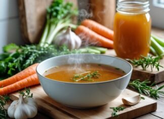 Bone Broth Benefits for Health, Skin, and More A steaming bowl of bone broth on a wooden table surrounded by fresh vegetables and herbs in a bright kitchen.
