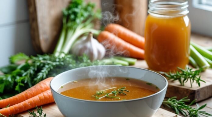 Bone Broth Benefits for Health, Skin, and More A steaming bowl of bone broth on a wooden table surrounded by fresh vegetables and herbs in a bright kitchen.