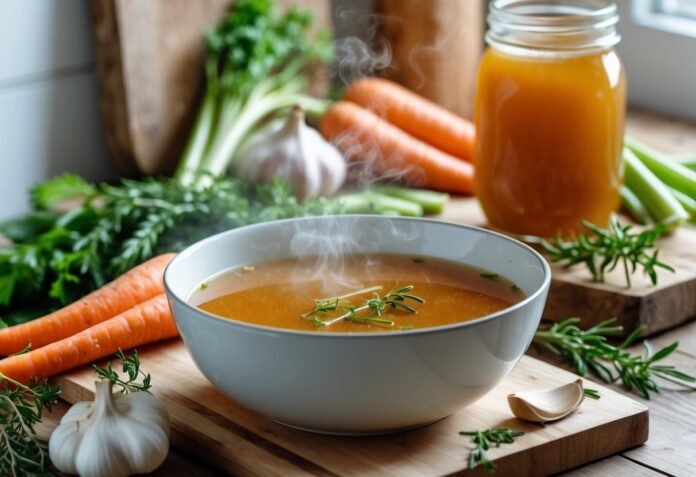 v2-vklt2-sjenr A steaming bowl of bone broth on a wooden table surrounded by fresh vegetables and herbs in a bright kitchen.