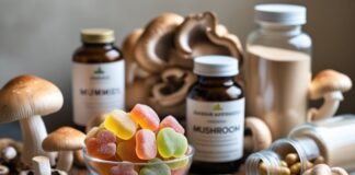 Healing Mushrooms: Unlock Nature’s Hidden Power create pic of mushroom gummies and different types of mushroom supplements