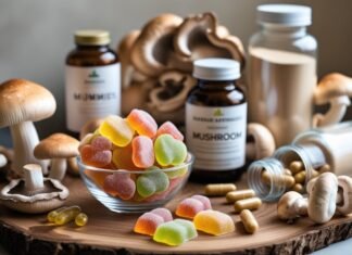 Healing Mushrooms: Unlock Nature’s Hidden Power create pic of mushroom gummies and different types of mushroom supplements