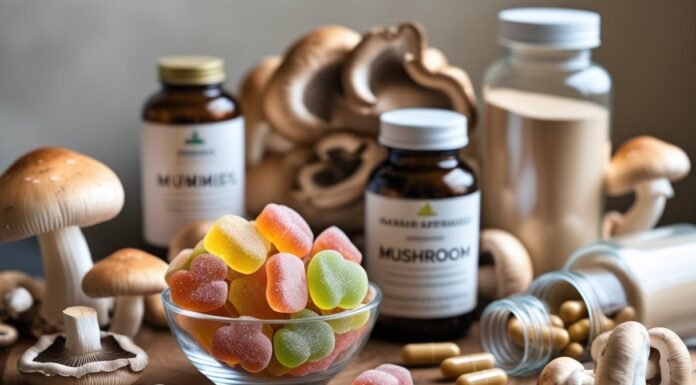 Healing Mushrooms: Unlock Nature’s Hidden Power create pic of mushroom gummies and different types of mushroom supplements