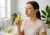The Truth About Oil Pulling: Does It Actually Improve Oral Health? A young woman swishing oil in her mouth in a bright bathroom with a glass jar of oil, a sink, and plants in the background.