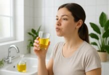 The Truth About Oil Pulling: Does It Actually Improve Oral Health? A young woman swishing oil in her mouth in a bright bathroom with a glass jar of oil, a sink, and plants in the background.