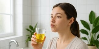 The Truth About Oil Pulling: Does It Actually Improve Oral Health? A young woman swishing oil in her mouth in a bright bathroom with a glass jar of oil, a sink, and plants in the background.