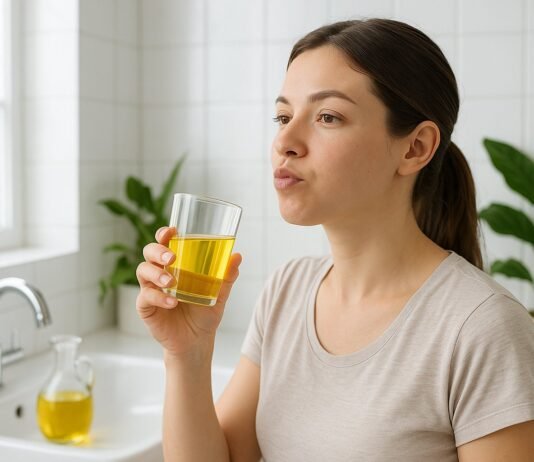 The Truth About Oil Pulling: Does It Actually Improve Oral Health? A young woman swishing oil in her mouth in a bright bathroom with a glass jar of oil, a sink, and plants in the background.