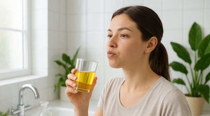 The Truth About Oil Pulling: Does It Actually Improve Oral Health? A young woman swishing oil in her mouth in a bright bathroom with a glass jar of oil, a sink, and plants in the background.