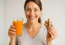 Turmeric as a Natural Remedy Smiling woman holding a glass of turmeric juice and fresh turmeric root, representing natural health remedies