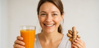 Turmeric as a Natural Remedy Smiling woman holding a glass of turmeric juice and fresh turmeric root, representing natural health remedies