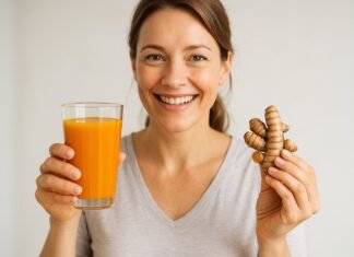 Turmeric as a Natural Remedy Smiling woman holding a glass of turmeric juice and fresh turmeric root, representing natural health remedies