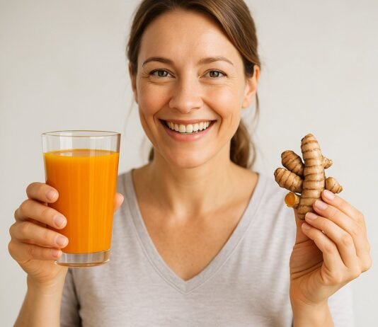 Turmeric as a Natural Remedy Smiling woman holding a glass of turmeric juice and fresh turmeric root, representing natural health remedies