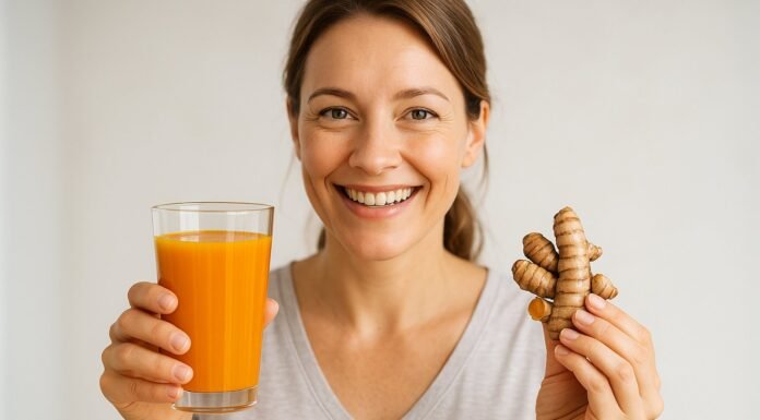 Turmeric as a Natural Remedy Smiling woman holding a glass of turmeric juice and fresh turmeric root, representing natural health remedies