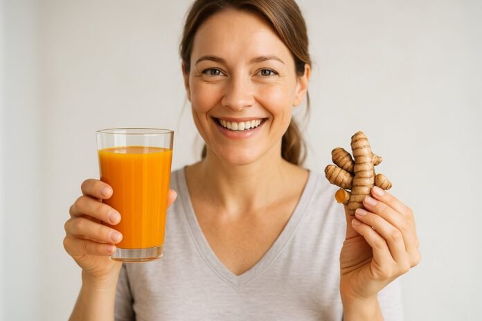 v2-vpgr3-6oo0t Smiling woman holding a glass of turmeric juice and fresh turmeric root, representing natural health remedies