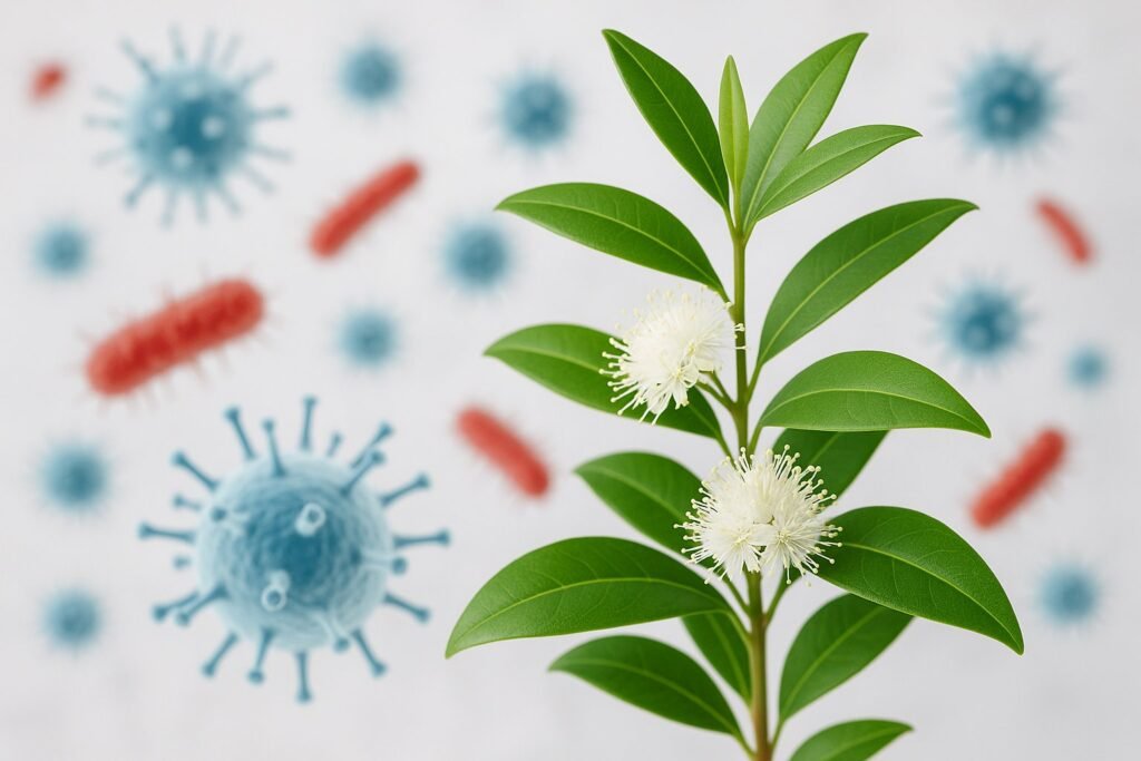 Antibacterial and Antimicrobial Effects of Lemon Myrtle thbranch with virus's in the background