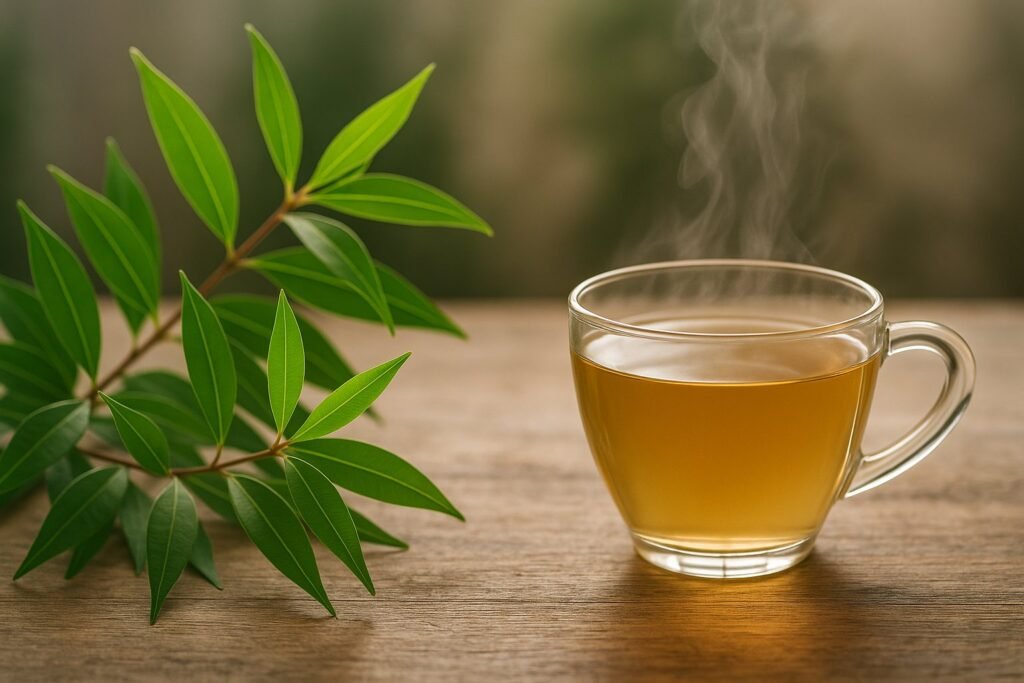 Lemon myrtle branches, next to lemon myrtle tea