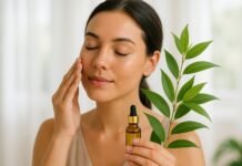 Lemon Myrtle for Skin Irritation and Acne Woman with lemon myrtle branches, while using lemon myrtle oil on her face