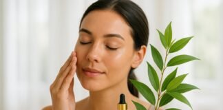 Lemon Myrtle for Skin Irritation and Acne Woman with lemon myrtle branches, while using lemon myrtle oil on her face