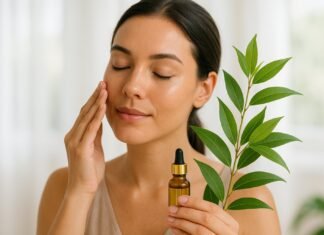 Lemon Myrtle for Skin Irritation and Acne Woman with lemon myrtle branches, while using lemon myrtle oil on her face